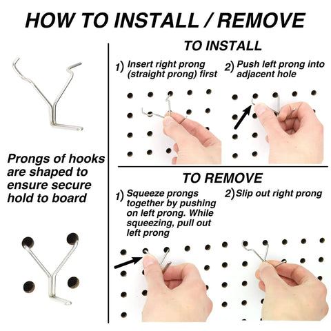 Instructions for installing and removing Stainless Steel Pegboard Hooks 50-Pack 1 Inch Long Will Not Fall Out Universal Fit.