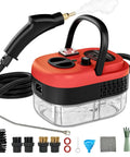 Heavy Duty Handheld Steam Cleaner With 14 Piece Accessory Kit And Six Speed Options features a nozzle and various attachments.