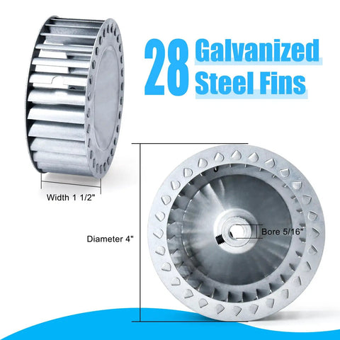 Diagram of draft inducer motor kit blower with 28 galvanized steel fins, width 1.5 inches, diameter 4 inches, bore 5/16 inches