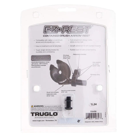 Packaging of EZ Rest Capture Style Contained Brush Left Hand Convertible Archery Arrow Rest, black with product details shown