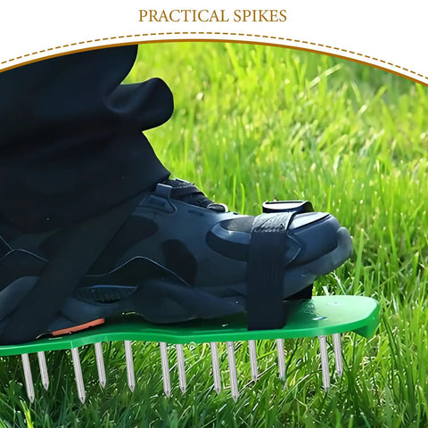 30 Piece Lawn Aerator Shoes Spikes Set For Lawn Care And Yard Maintenance in use with durable metal spikes on green platform.