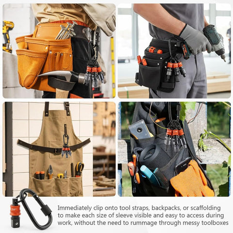 Half Inch Socket Holder Keychain 5 Pack With Heavy Duty Quick Release Clip on tool belts and aprons with sockets
