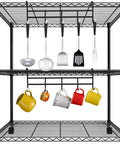 Two Pack 5 Hook Attachments For Wire Shelving Racks, chrome plated steel, holding kitchen utensils and mugs, front view on shelf.