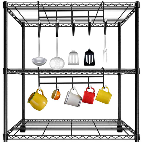 Two Pack 5 Hook Attachments For Wire Shelving Racks, chrome plated steel, holding kitchen utensils and mugs, front view on shelf.