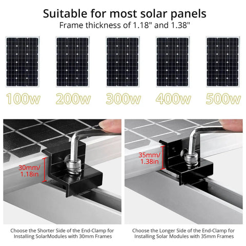 Solar Panel Mounting Kit for Four Panels With 4.72 Inch Rails in Black and Silver, showing end clamps for 30mm and 35mm frames.