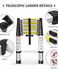 Detailed view of 14.5 Ft Telescoping Aluminum Ladder With One Button Retractable Lock showing safety lock, slide latch, and protective cove