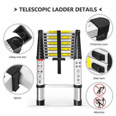 Detailed view of 14.5 Ft Telescoping Aluminum Ladder With One Button Retractable Lock showing safety lock, slide latch, and protective cove