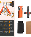 Image of an orange 28-In-1 Pocket Multitool Pliers with replaceable bits, showcasing its tools like main blade, wire cutter, and case.