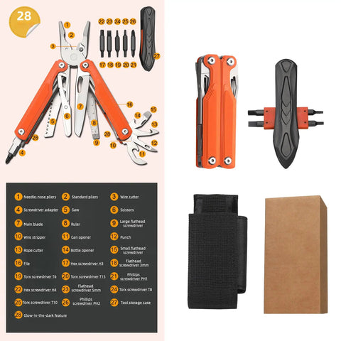 Image of an orange 28-In-1 Pocket Multitool Pliers with replaceable bits, showcasing its tools like main blade, wire cutter, and case.