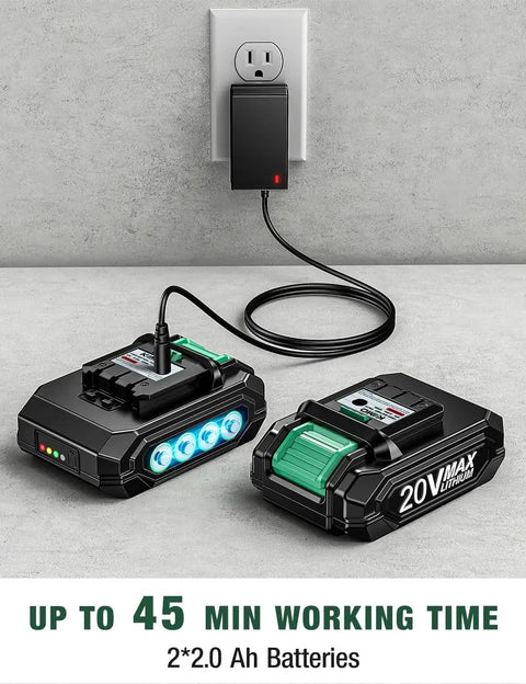 2x 20V 2.0Ah batteries for Cordless Car Polisher Kit With 20V Power, 6 Variable Speeds Up To 3634 RPM, charging setup