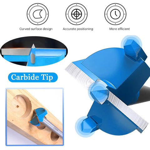 Premium Tungsten Carbide Forstner Drill Bit Set With Quick Fit Hex Shank for efficient wood drilling, focused on carbide tip and design.