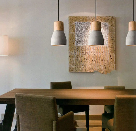 Cool Concrete Pendant Light For Dining Room And Kitchen Bar Nordic Industrial Hanging Light Fixture in a modern dining room setting.