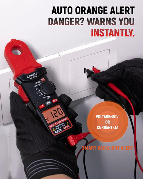 Round Jaw Digital Clamp Meter With NCV And 2000 Counts in use, displays 120V, gloved hands holding, auto orange alert active