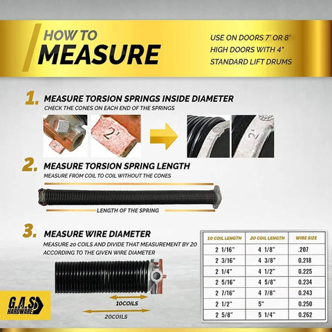 Guide to measuring Left Hand Wound Garage Door Torsion Spring 225x2x27 Heavy Duty Beefy Replacement with diagrams and chart