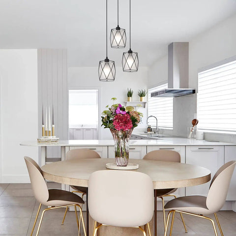 Super Cool Industrial Over Sink Pendant Light Boasting A Black Cage Design With Frosted Glass above modern kitchen island