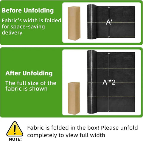 Diagram of Heavy Duty Weed Barrier Fabric 6ft By 100ft Permeable Ground Cover showing folded and unfolded views
