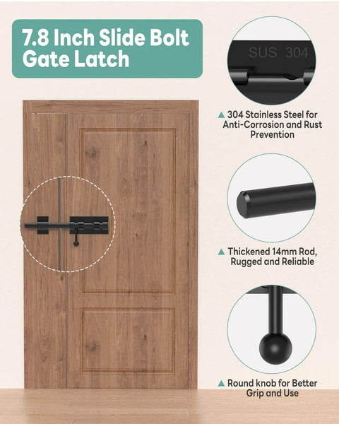 304 Stainless Steel Slide Bolt Gate Latch 8 Inch Sliding Barrel Bolt Door Lock on wooden door with features highlighted