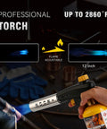 Hand holding Beefy Propane Torch Kit With 4 Flame Head Trigger Start Igniter, showcasing adjustable flame against metal pipes.