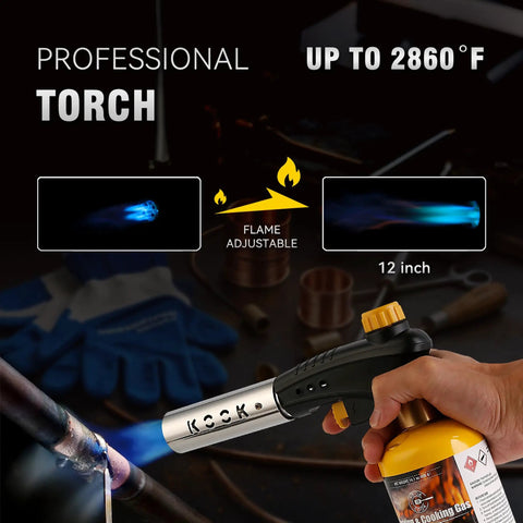 Hand holding Beefy Propane Torch Kit With 4 Flame Head Trigger Start Igniter, showcasing adjustable flame against metal pipes.