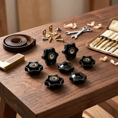 Twenty Count One Quarter Twenty Thread Star Knobs Durable Nylon Thumb Screws With Solid Brass Insert arranged on a wooden table.