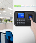Fast Fingerprint Time Clock For Small Biz With Waterproof Sensor, biometric time clock on office wall with finger scan.