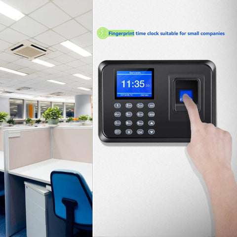 Fast Fingerprint Time Clock For Small Biz With Waterproof Sensor, biometric time clock on office wall with finger scan.