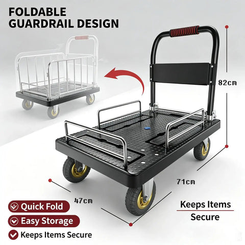 Foldable Guardrail Platform Hand Truck With 330 Lb Capacity Lightweight Flatbed Dolly Cart On 5 Inch Silent Wheels 71x47 Cm Rolling Trolley, 82cm high