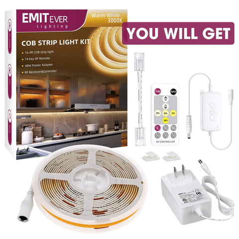 Warm White 3000K LED Strip Light 16.4ft 24V DC COB Dimmable Tape Lights With RF Controller And Adapter 1600 LEDs Kit
