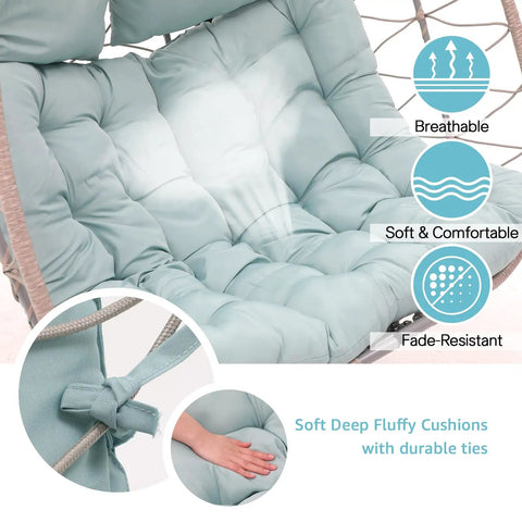 Light blue cushions for Two Person Egg Swing Chair With Stand For Indoor And Outdoor Patio Wicker Rattan Hanging Chair, focus on fabric details.