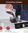 Home Barista Espresso Machine With Integrated Grinder And Auto Milk Frother For Crisp Fresh Ground Pulls fast pouring coffee beans into grinder.