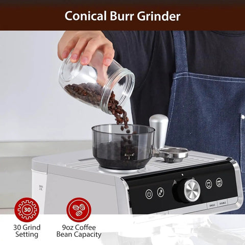 Home Barista Espresso Machine With Integrated Grinder And Auto Milk Frother For Crisp Fresh Ground Pulls fast pouring coffee beans into grinder.