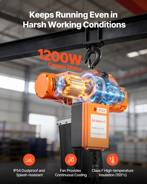 Electric Chain Hoist 1100 Lbs With 20 Ft Lift Height 120V 60Hz Single Phase Overhead Crane with 1200W copper motor