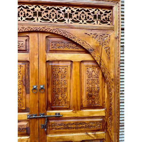 Hand Carved Barn Door Double Doors Brown Finish Custom Size Made To Order Sliding Or Hinged Interior Exterior Front Door Antique And Modern Style For Home Improvement And Rustic Vibe