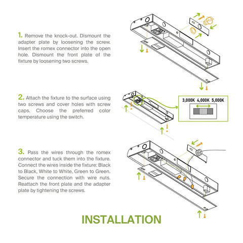 Installation instructions for Under Cabinet LED Lighting 18 Inch Dimmable Hardwired Kitchen Light showing wiring steps and color temperature settings.