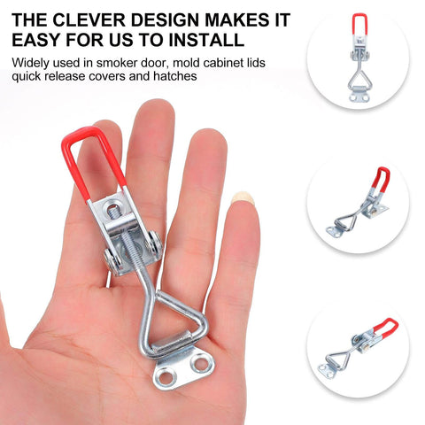 Eight Piece Adjustable Toggle Clamps Built Tough For The Shop Heavy Duty Zinc Plated Iron Box Pull Latches held in hand view