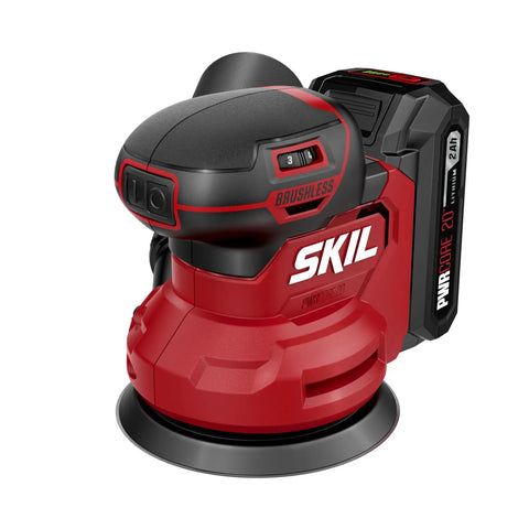 Built Tough No Sweat 20V Brushless Nine Piece Cordless Power Tool Combo Kit includes red brushless random orbital sander with battery.