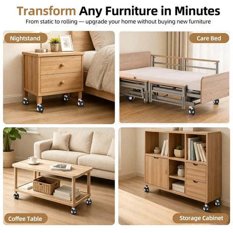 Top Shelf 3 Inch Twin Wheel Caster Set With Two Locking And Two Swivel Wheels Rated For Heavy Duty Loads and used on furniture like nightstand and coffee table.