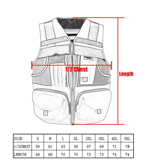 Hi Vis Reflective Safety Vest With 3M Strips, Black Knitted Vest, 10 Pockets, size chart for workwear, front view with measurements