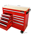 Red 9 Drawer Rolling Tool Cart With Wooden Top Ball Bearing Slides Heavy Duty Metal Cabinet On Wheels And Handle
