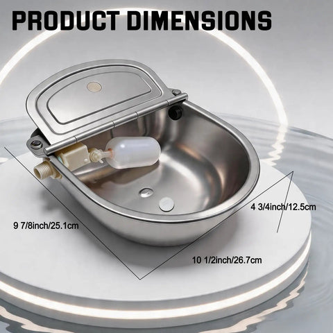 Built Tough Automatic Water Bowl Made From Pure 304 Stainless Steel dimensions showing 9 7/8" by 10 1/2" for big pups and barn animals.