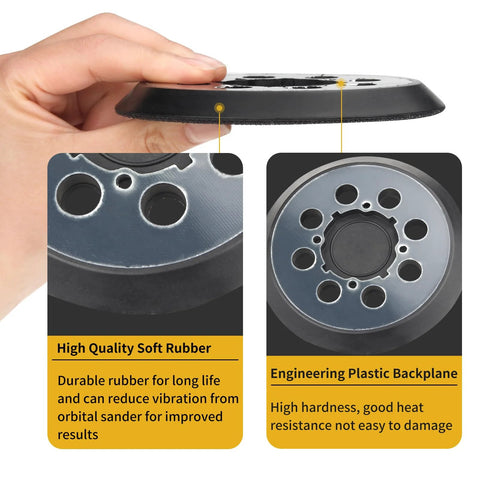 5-inch 8-hole hook-and-loop sander pad, side view, showing rubber edge and plastic backplane for DeWalt orbital sanders