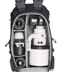BackLight 36L Outdoor Adventure Camera Daypack Backpack In Woodland Green with organized camera gear inside, open view