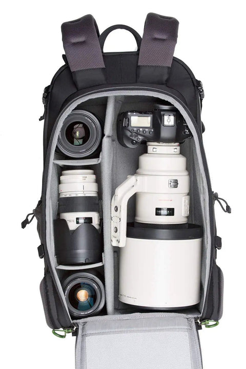 BackLight 36L Outdoor Adventure Camera Daypack Backpack In Woodland Green with organized camera gear inside, open view