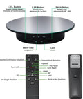 Electric Motorized Rotating Display Stand With Remote Control, 360 Degree Turntable showing control buttons and features.
