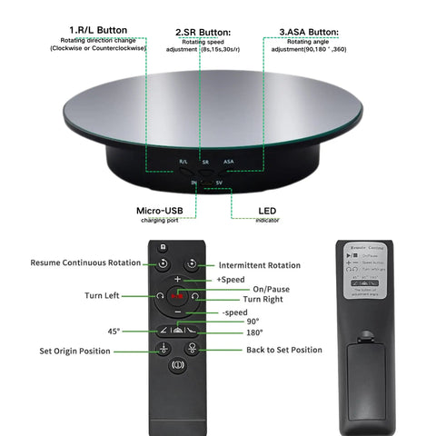 Electric Motorized Rotating Display Stand With Remote Control, 360 Degree Turntable showing control buttons and features.
