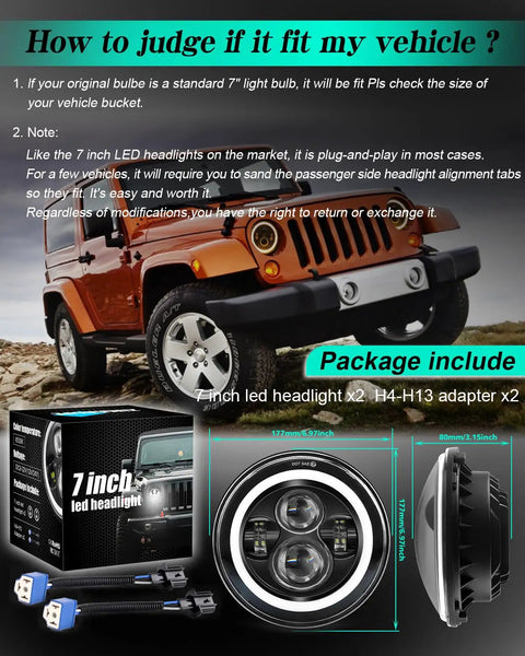 Beefed Up 7 Inch LED Headlights 2 Pack Round Projector Halo With Hi Lo Beam And Amber DRL for Jeep Wrangler installation guide