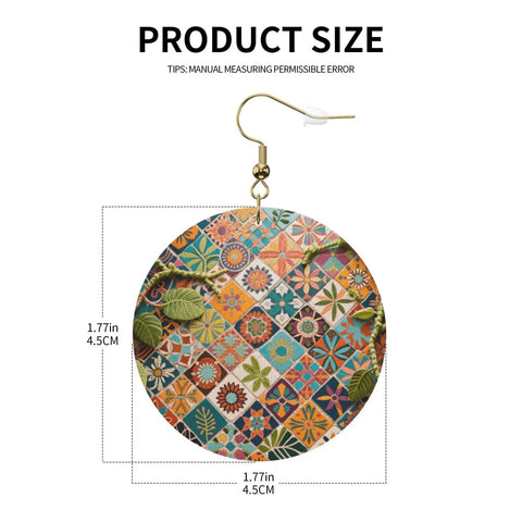 Fresh Grid Print Dangle Earrings for Women Lightweight Silver Plated Faux Leather Statement Drops close-up showing circular design and size.