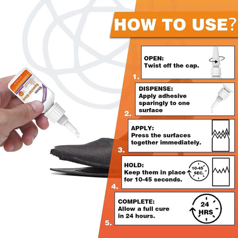 Pro Grade 30g Shoe Glue for Soles and Heels Instant Bond Clear Waterproof Quick Dry Adhesive use instructions illustration.