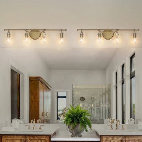 Bathroom with Gold Vanity Lights 4 Light Modern Bathroom Fixtures With Gourd Glass Shades, Dope Gold Finish And Clear Glass