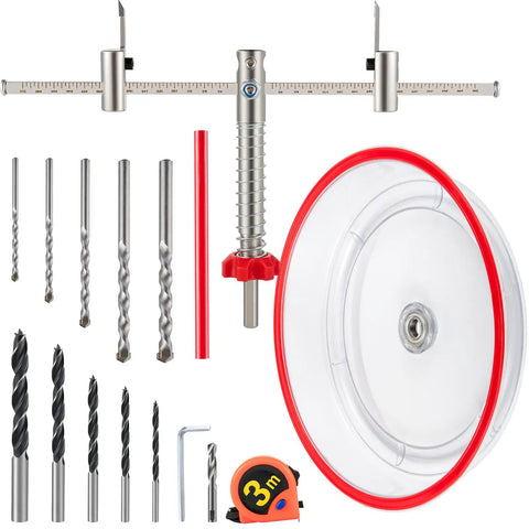 Adjustable Hole Saw Cutter Kit Pro Grade Heavy Duty Set for Recessed Lights and Ceiling Speakers Includes Two Pilot Bits Dust Shield Twin Blade Recessed Saw with Multiple Blades and Handy Storage Box on a white background with parts displayed separately.